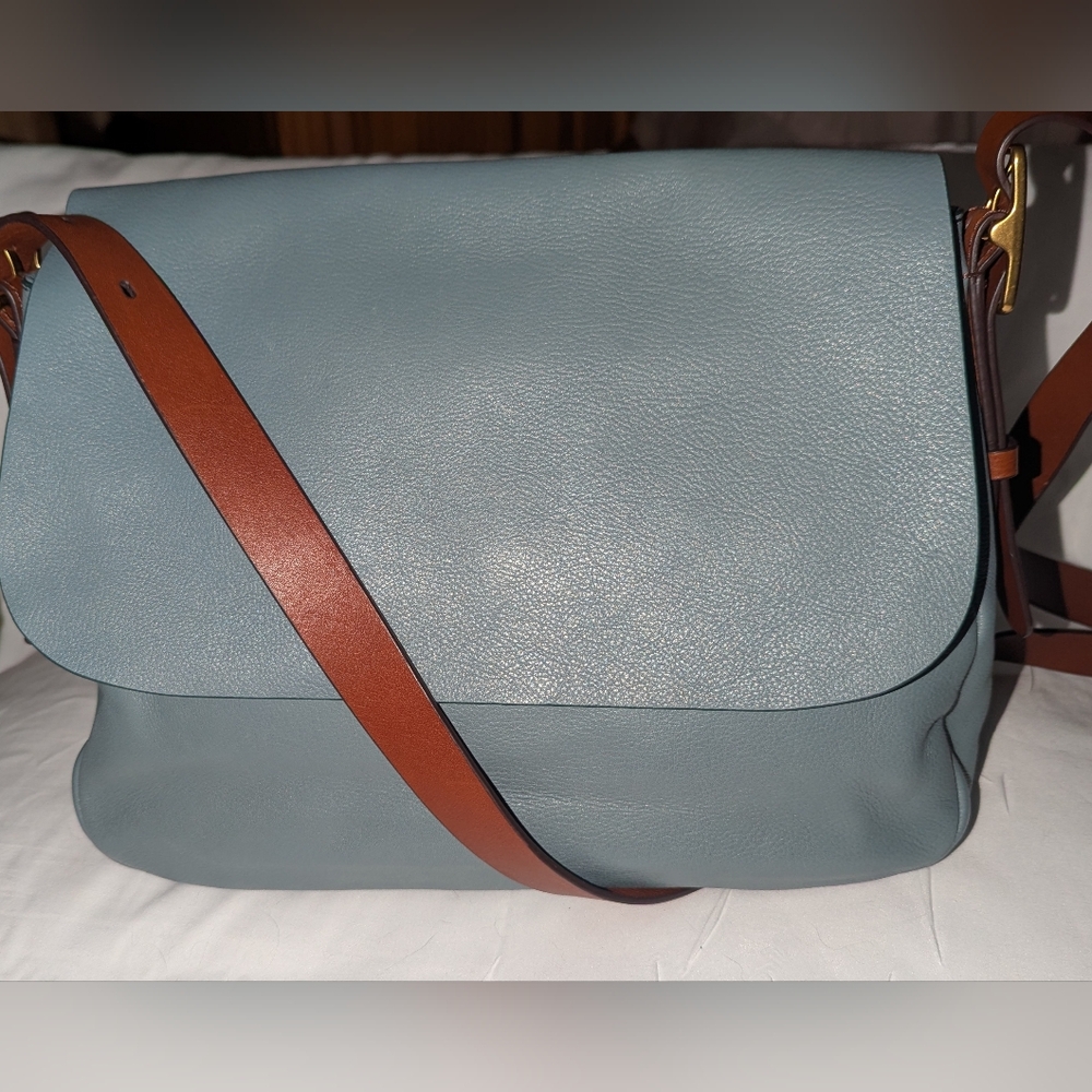 Fossil Large Harper Flap Slate Blue and Tan Crossbody Bag